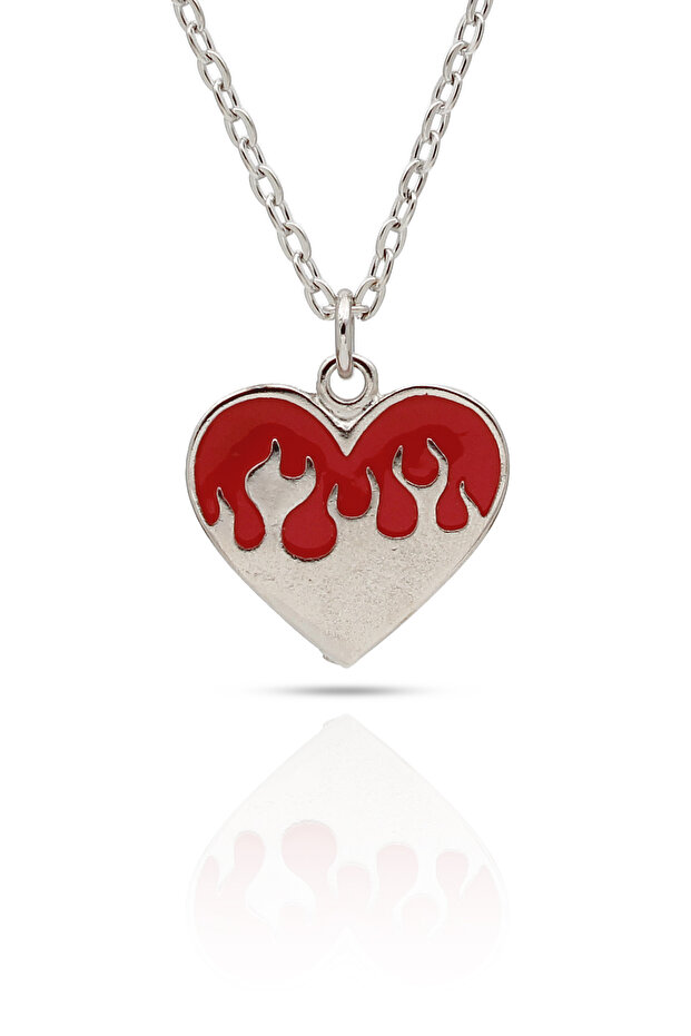 Flame Heart Necklace with Flame Detail Black Heart - Silver Color Twisted Chain