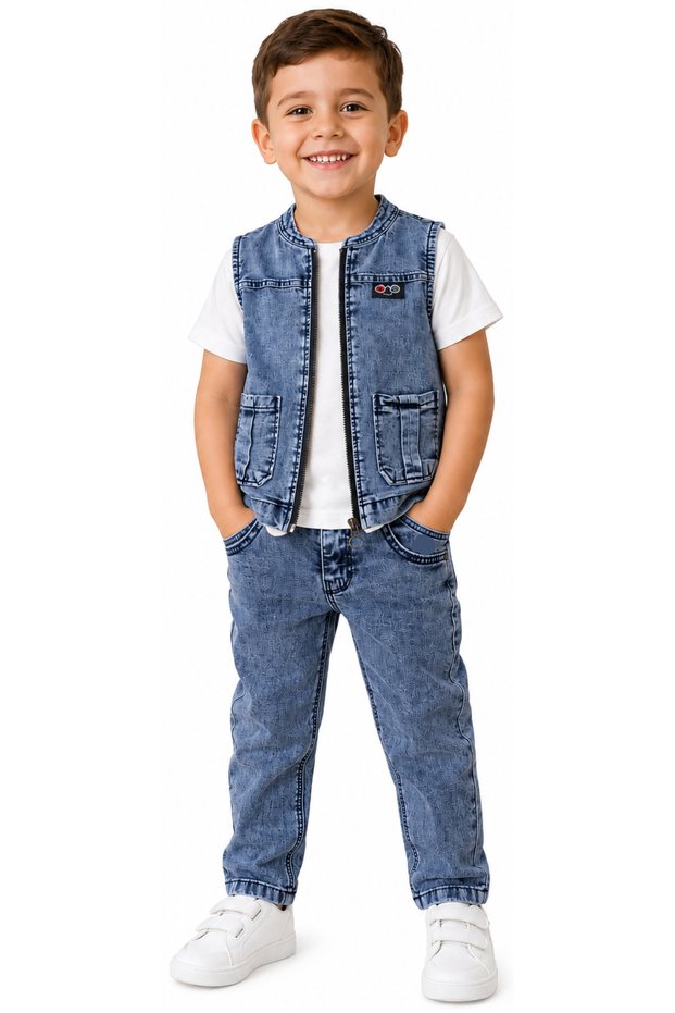 Boy's Stylish Three-Piece Set with Zipper Closure Pockets, Denim Vest, T-Shirt and Trousers in Blue Color