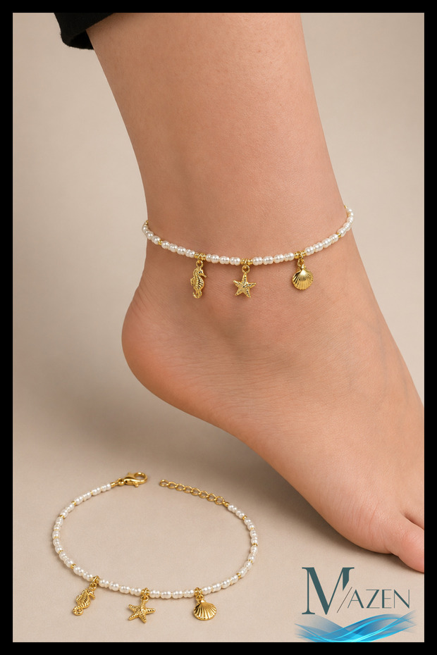Seahorse Starfish Shell Charm Figured Pearl Anklet | Women's Anklet