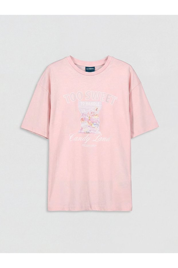 Lcw Kids Pink Crew Neck Printed Girls' T-Shirt