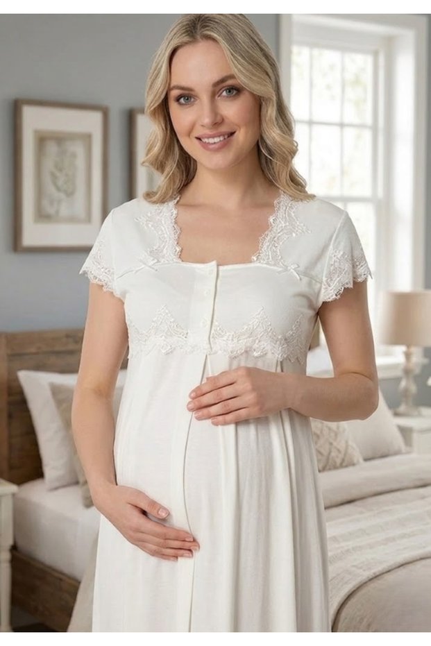 Women's Ecru New Season Lace Maternity Nightgown with Breastfeeding Features