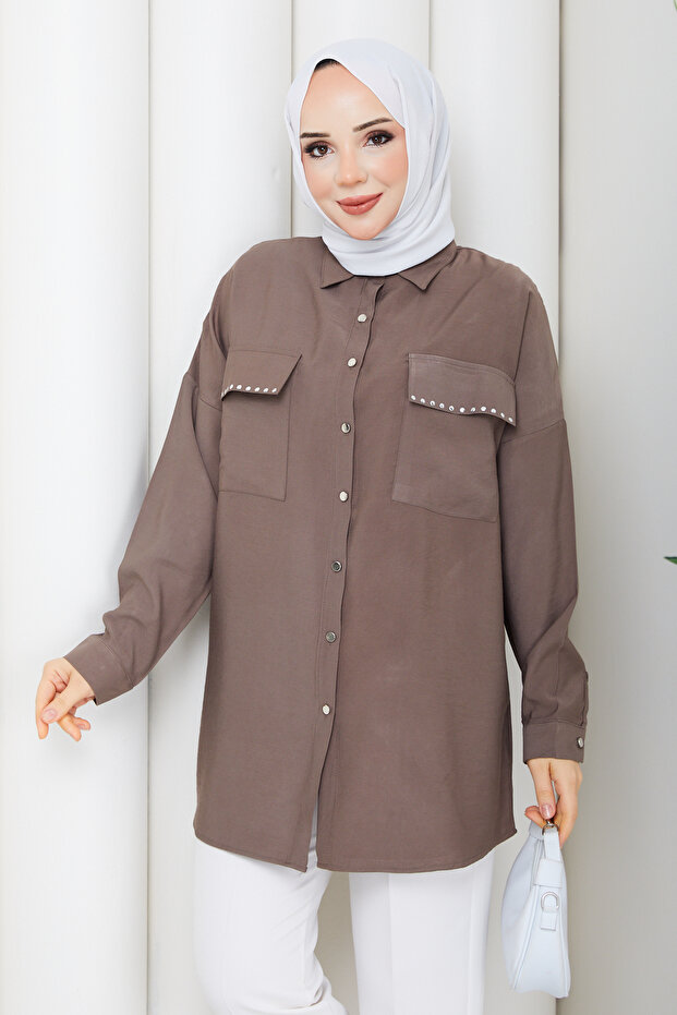 Women's Stone Embellished Pocketed Shirt Tunic