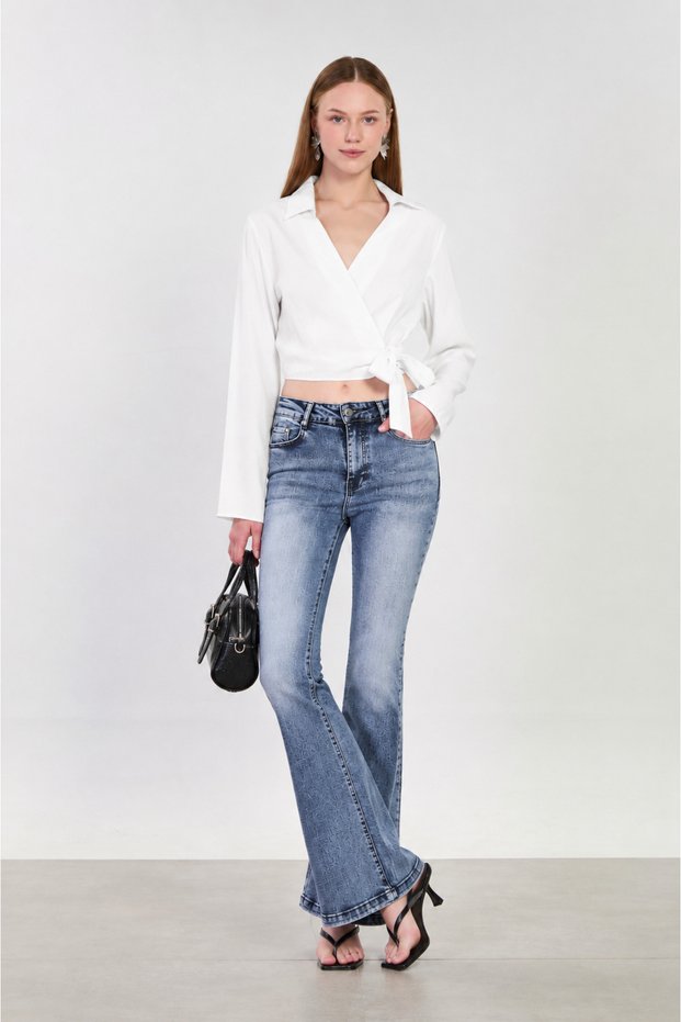 Women's j74 high waist spanish leg jean pants - blue snow wash