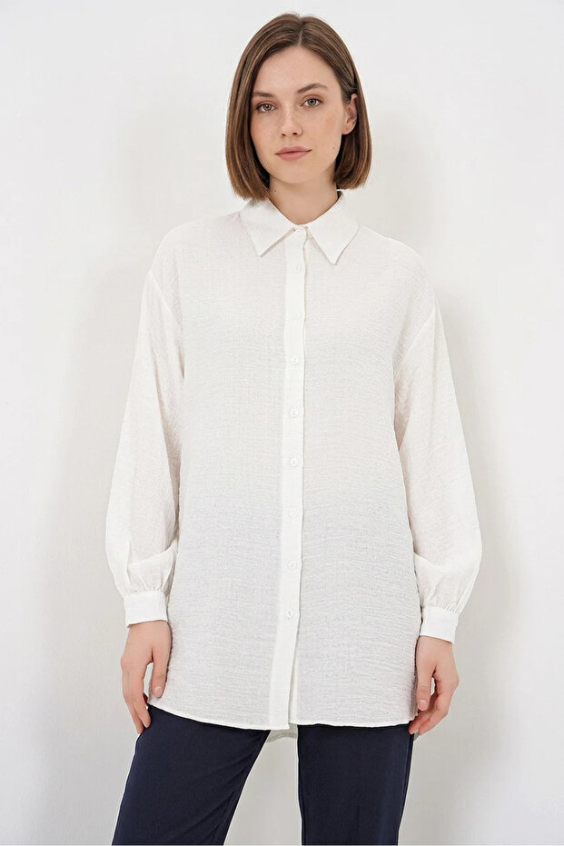 Women's Shirt Collar Textured Oversize Viscose White Tunic