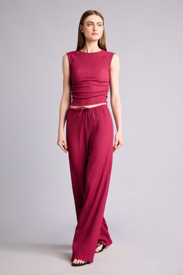 Straight Fit Elastic Waist Wrinkled Textured Trousers H8060Ax26Sm