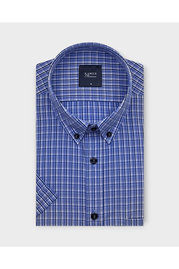 Men's Regular Fit Short Sleeve Button-Up Collar Plaid Cobalt Blue Shirt 9573Sm