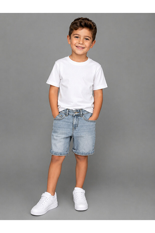 Boy's Denim Shorts with Lycra and Ripped Detail, Summer Jean Bermuda