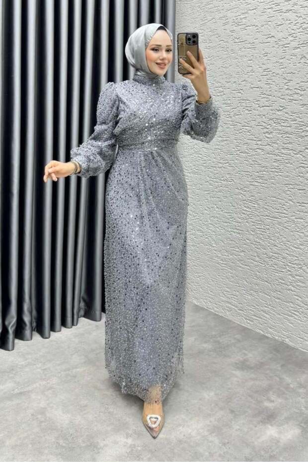 Drape İşlemeli Pullu Abiye 8012 Gri