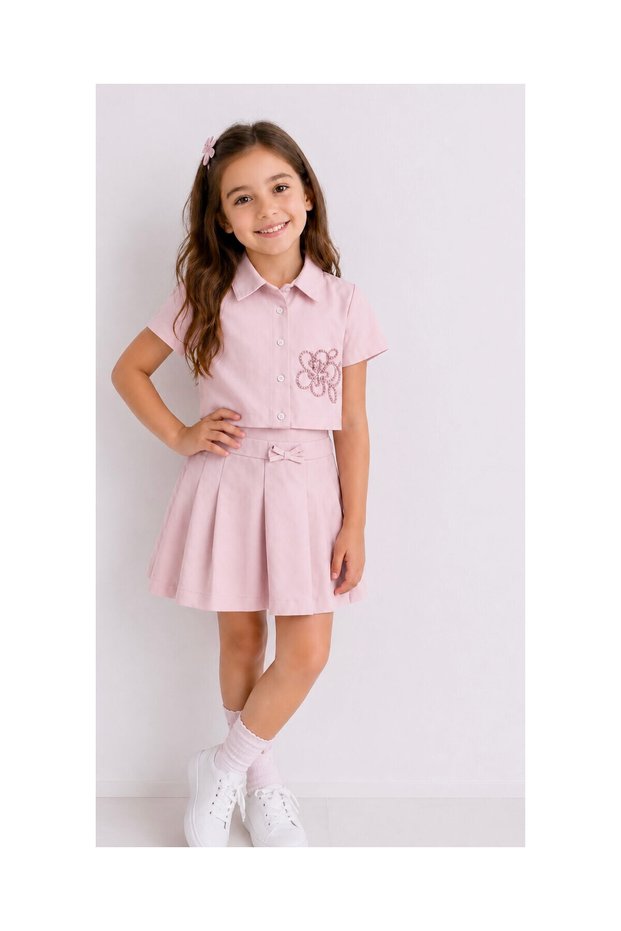 Girls' Shirt Pleated Skirt Embroidered Viscose Fabric Set