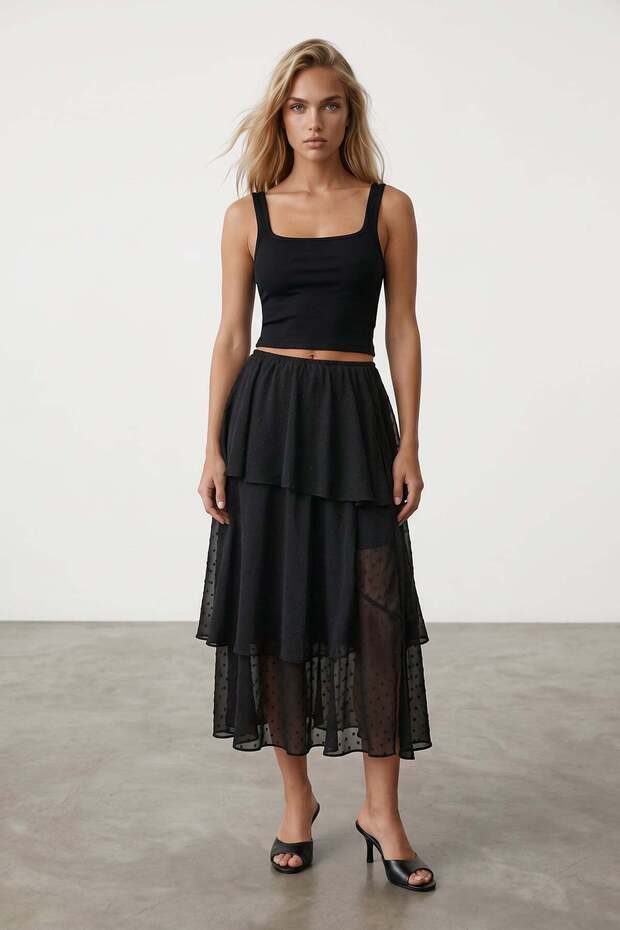 Women's black elastic waist layered flounced lined midi length chiffon skirt alc-x15528
