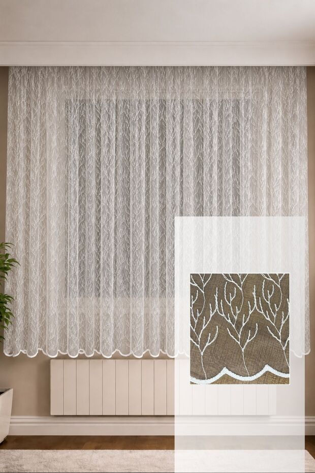 Pine Patterned Tulle Curtain 1X2.5 Pleated Embroidered Hemline Not Showing the Floor