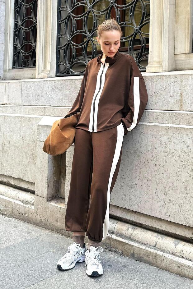 Women's Modal Contrast Striped Knitted Top and Bottom Set Brown