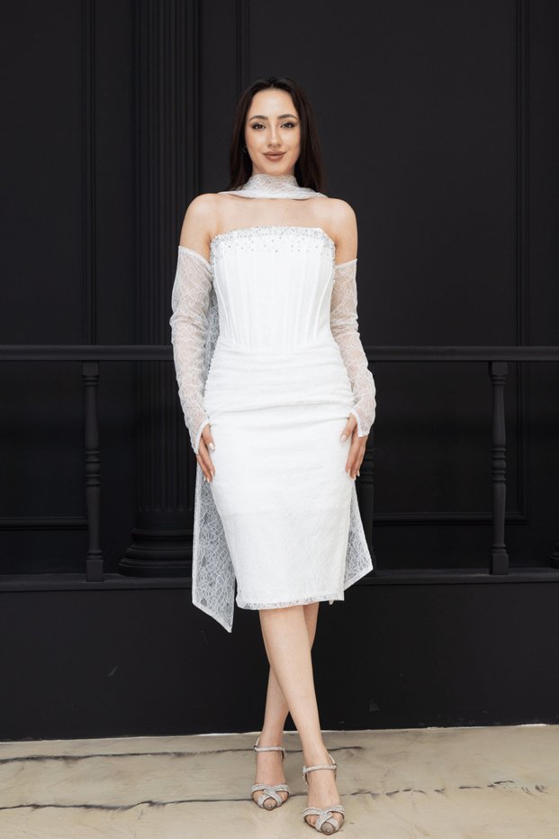 Beaded Strapless Neckline Lace Pencil Dress - White