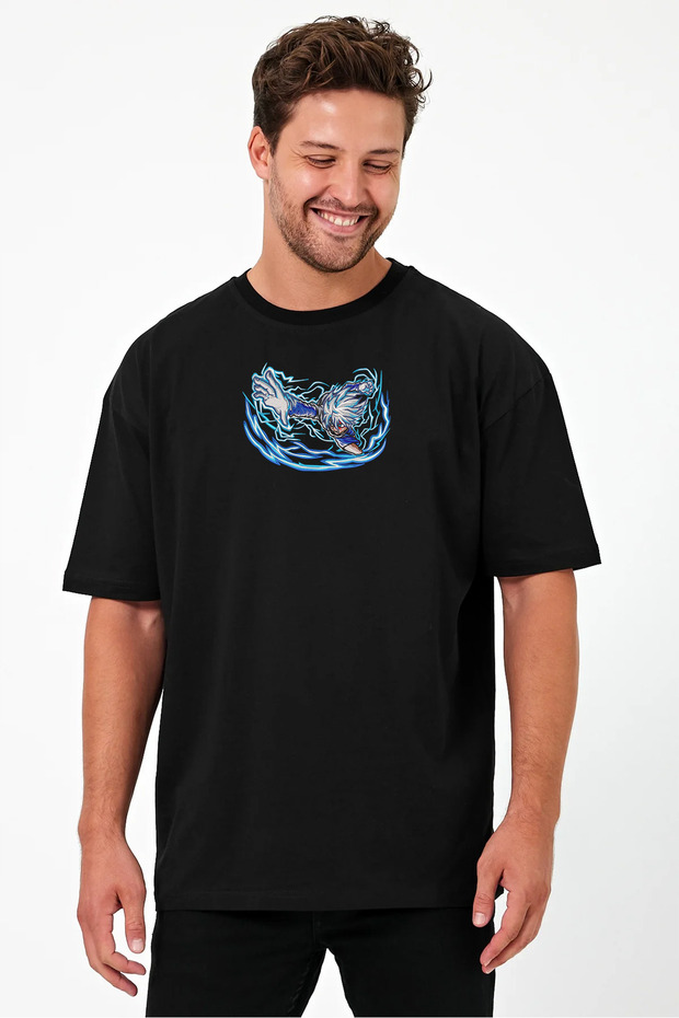 Unisex Oversize Embroidered Hunter X Hunter Killua Godspeed Anime Design 100% Cotton T-Shirt
