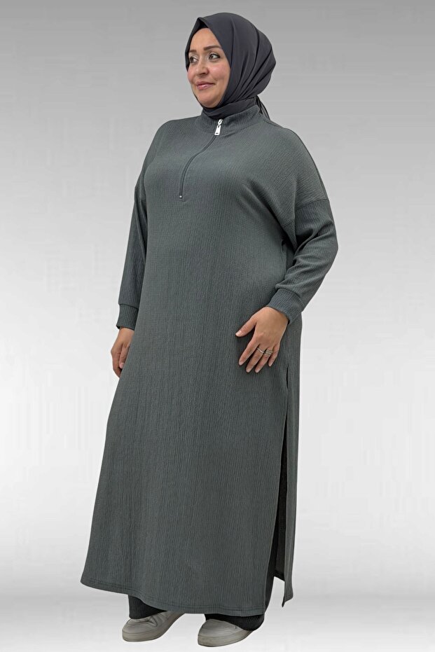 57007 Large Size Side Slit Trouser Suit - Anthracite