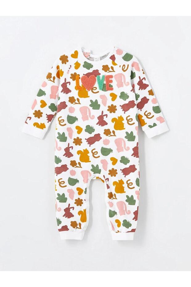 Bıorganic Crew Neck Long Sleeve Printed Baby Girl Romper (W4)