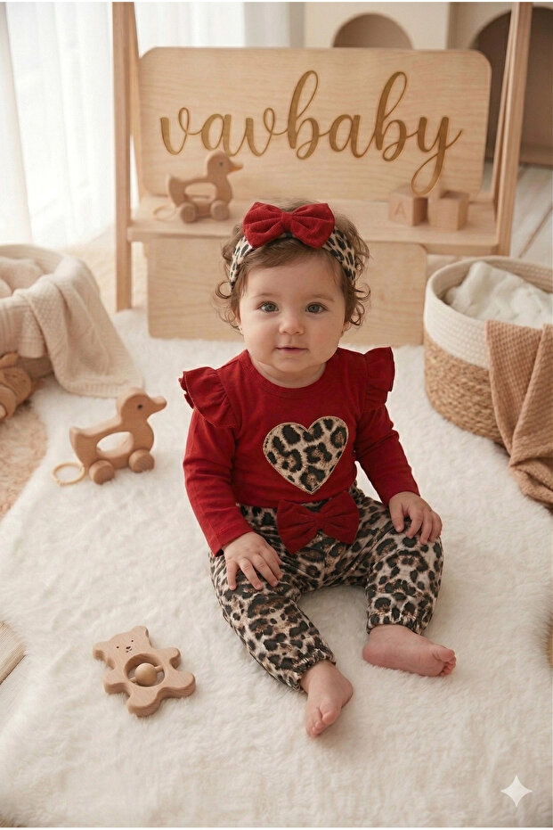 Baby Girl Leopard Patterned Snap-On Bodysuit Model with Heart Figure Bandana 3-Piece Set