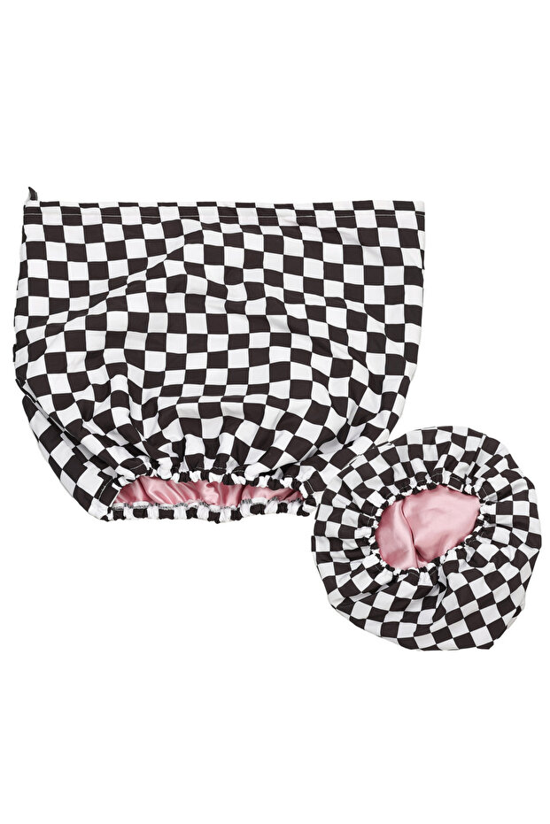 black Free size Simulation Silk Three Layer Hair Dryer Cap Waterproof Hair Care Lined Plaid Simulati