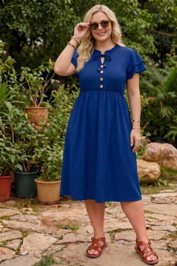 Women's Plus Size Midi Length Ruffle Sleeve Button Detail Summer Dress