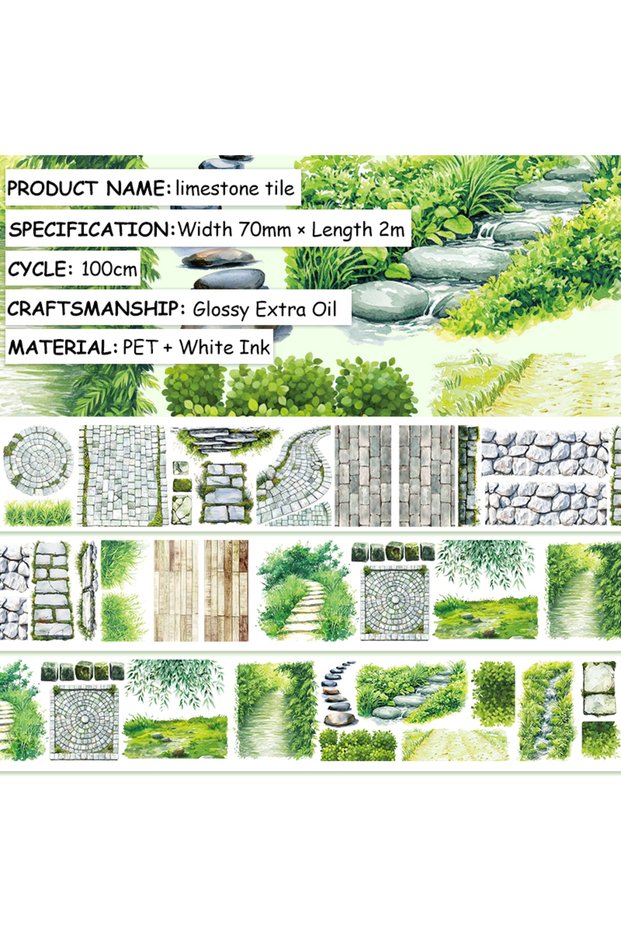 JD553-1 7cm*2m/Roll Green Plant Flagstone Road PET Washi Tape Lawn Transparent Roll Stickers Decorat