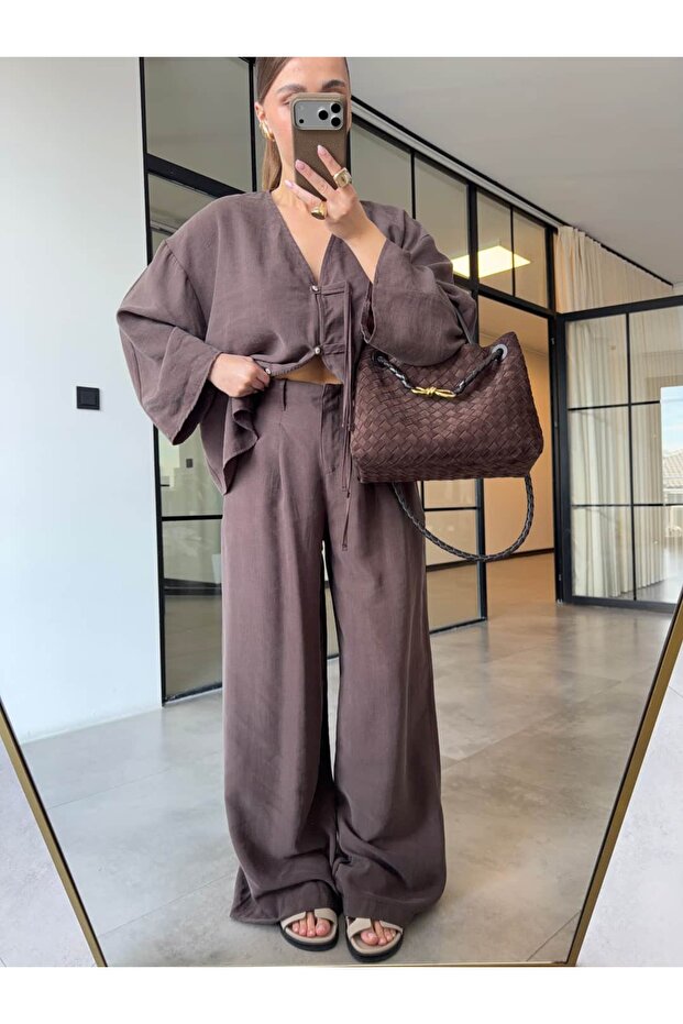 High Waist Pleated Loose Pants Brown