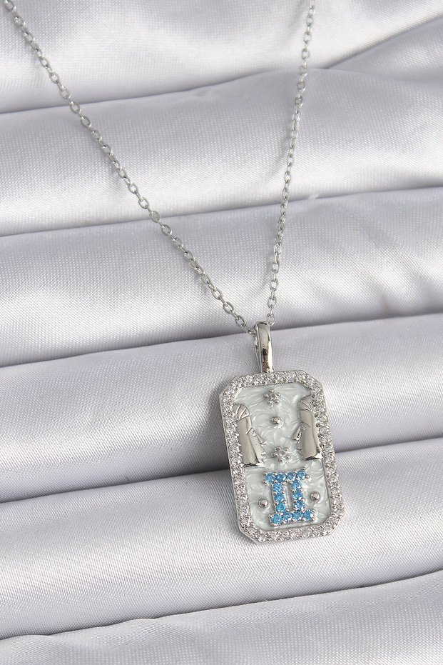 316L Steel Silver Color Chain Gemini Zodiac Sign Zircon Stone Women's Necklace 5886 - Oembys1821-3608