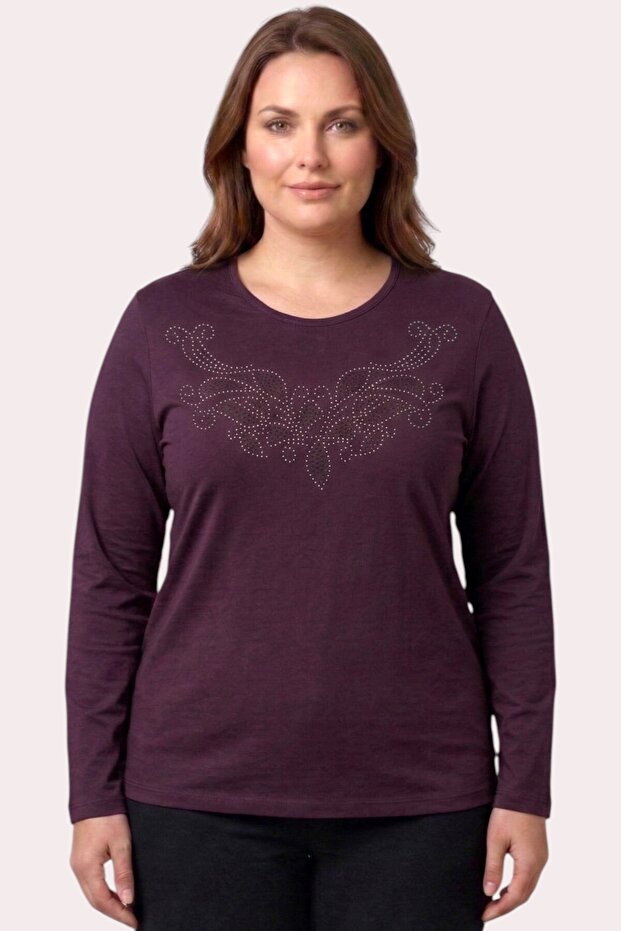 Women's Purple Stone Detailed Combed Cotton Blouse