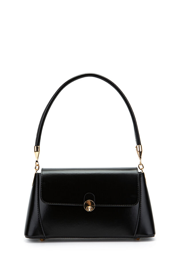 Clamshell Lock Detailed Baguette Women's Shoulder Bag Oslo Plain Black