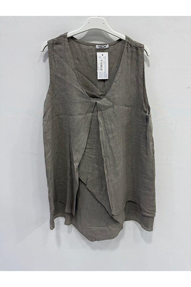 Mink Italian Verev Cut Zero Sleeve Linen Long Linen Blouse 40 - 44 Size