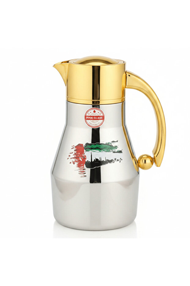 Red Home Vacuum Flask 1 L– Silver & Gold with UAE Flag Design