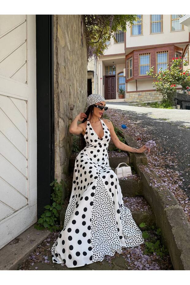 Women's Black and White Polka Dot Halter Neck Backless Slit Long Dress