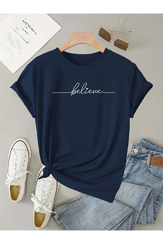 Unisex Navy Blue Believe Printed Crew Neck T-Shirt