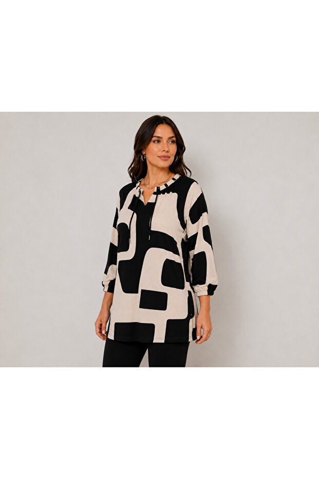 Plus Size Patterned Lace-Up Tunic Blouse