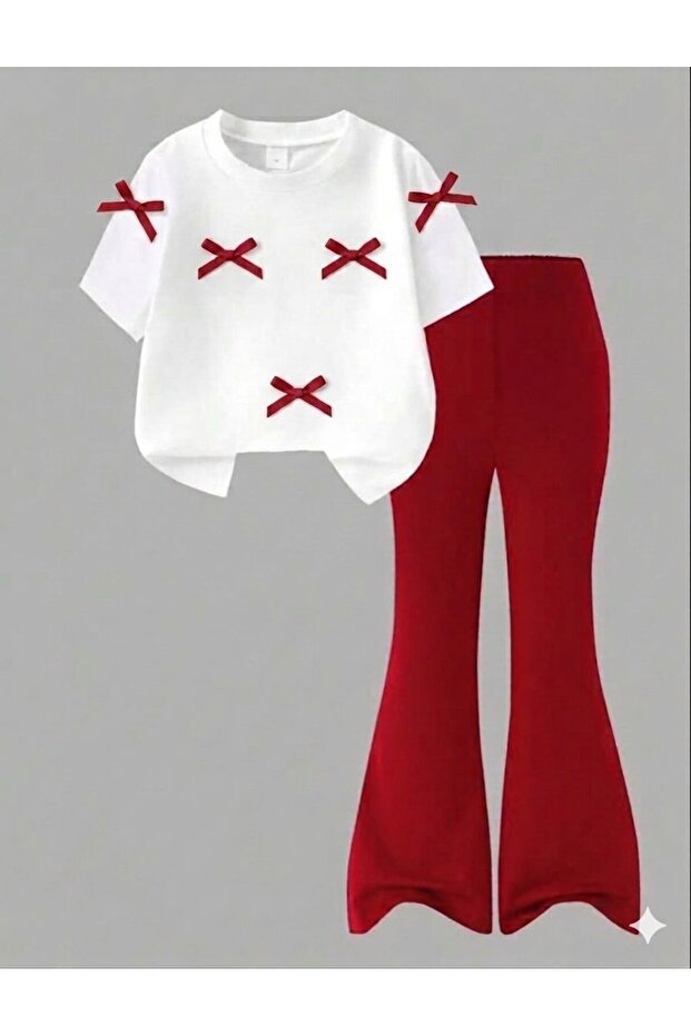 Bow Detailed Tshirt Leggings Girls' Top and Bottom Set