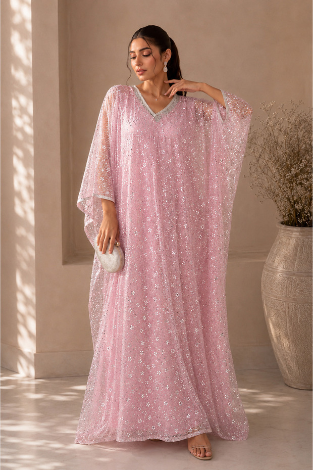 -Blush Pink Net Embellished Kaftan – Elegant Occasion Wear