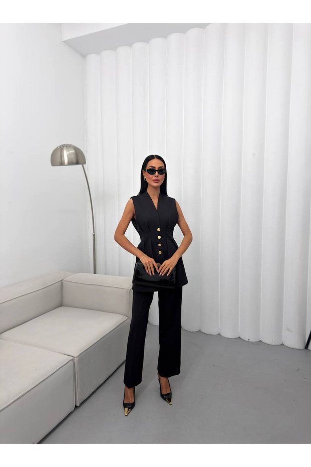 Women's Vest Trouser Suit with Button Detail, Stylish Two-Piece Suit, Office Combination
