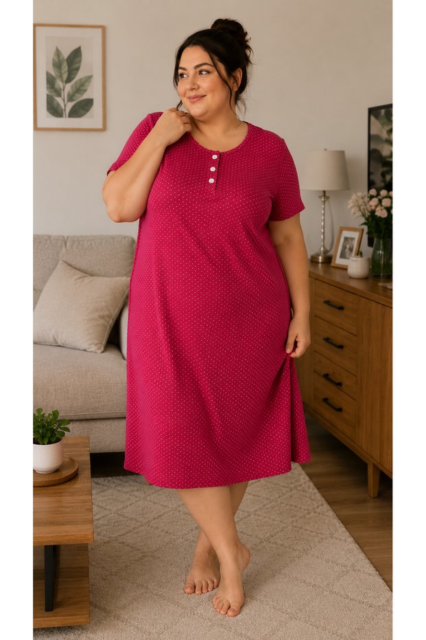 Women's Plus Size Floral and Speckled Patterned Buttoned Nightgown Home Dress Oversized Cotton Short Sleeve Stylish Comfortable Spacious Quality Fabric Nightgown Homewear