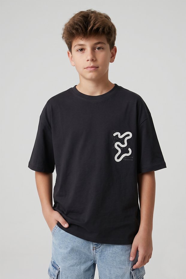 Boy's Half over Size Embossed Patterned Cotton T-Shirt