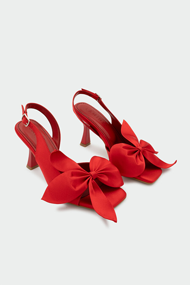 Molina Bow Detailed Women's Red Satin Heeled Shoes