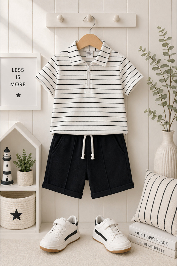 Single Striped Zippered Waffle Fabric Summer Boys' Suit