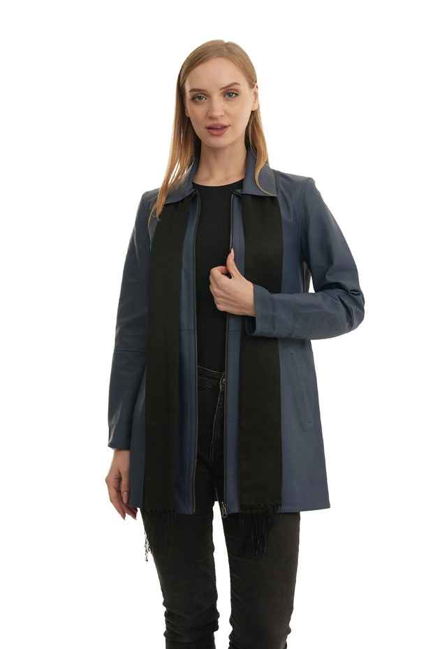 Blue Black Delux Women's Leather Coat