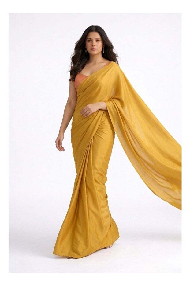 Nool Saffron Solid Chiffon Saree with Complimentary Handpicked Blouse Material - 2