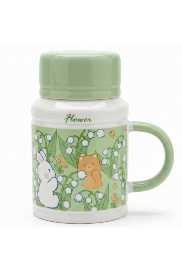 Flower Ceramic Mug with Lid | 400 ml | Sage Green & White | Cute Bunny & Bear Design