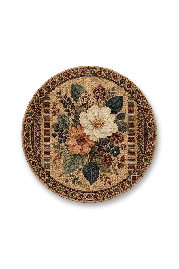 Sdt Floral Patterned Round Modern Woven Base Decorative Carpet Sdt1478
