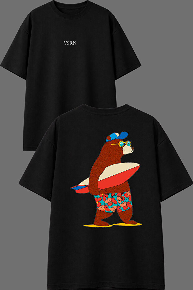 تي شيرت أسود كبير الحجم بتصميم دب مطبوع من الأمام والخلف من Holiday Bear Design