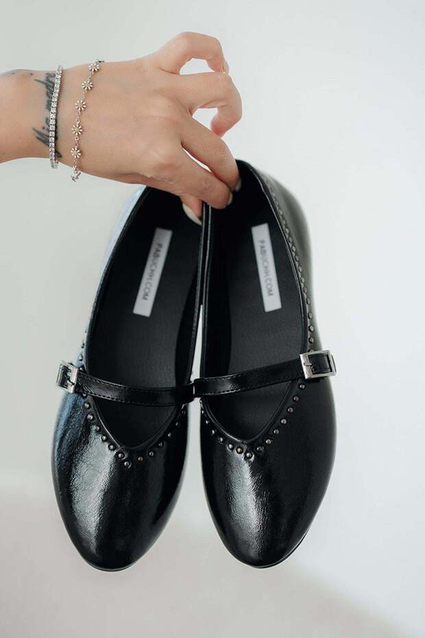 Siena Pim Detailed Matte Patent Leather Ballerinas Black