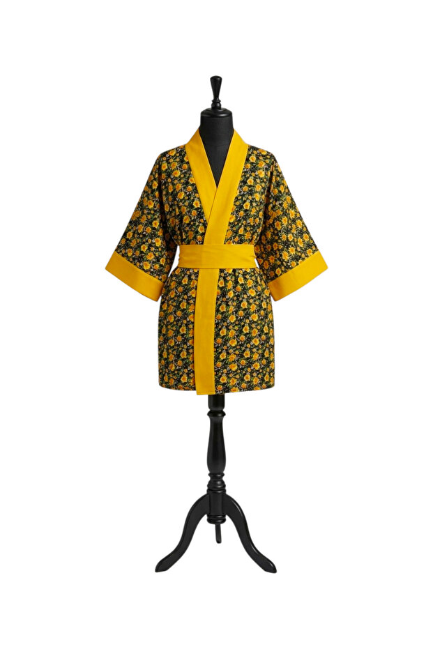 Yellow Floral Patterned Midi Length Viscose Women's Kimono