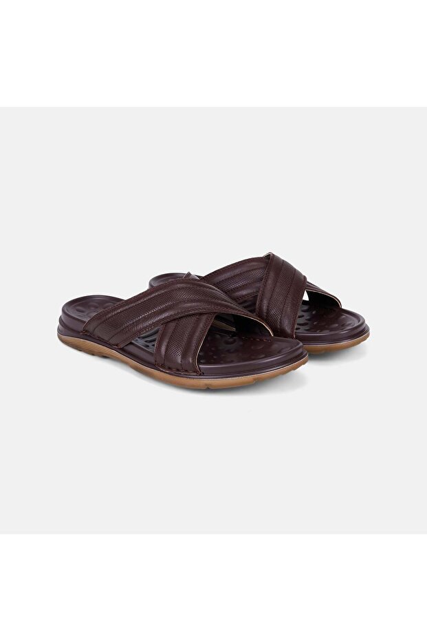 Men's Bitter Brown Desacomfort Cross-Strapped Leather Slippers