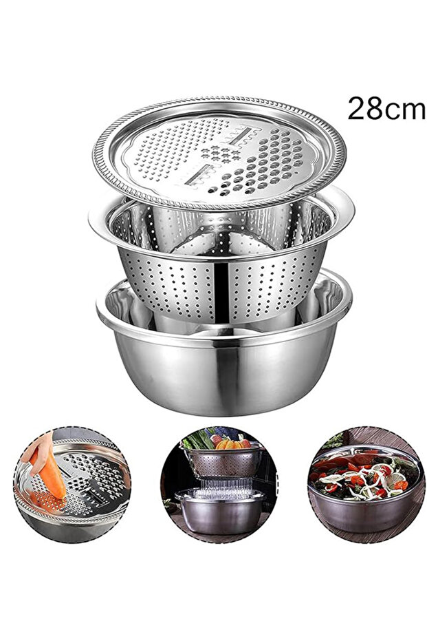 3 in 1 Multifunctional Stainless Steel Basin with Grater, Drain Basin and Solid Basin - 28cm
