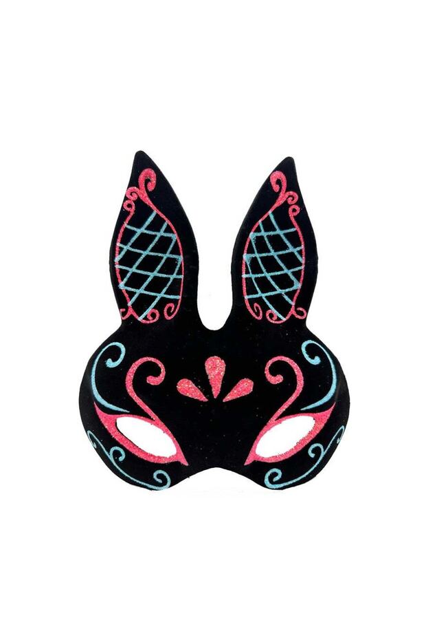 Black Color Blue Red Glitter Black Suede Covering Rabbit Mask 18x16 cm